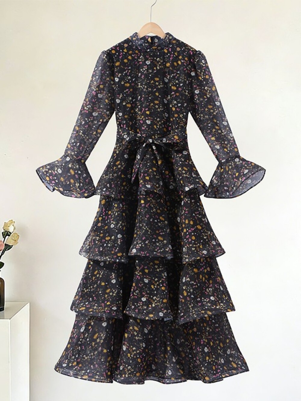 Casual Printed Long Bow Dress Women Chic V-Neck Short Puff Sleeve Waist-Closed - Picture 8 of 13